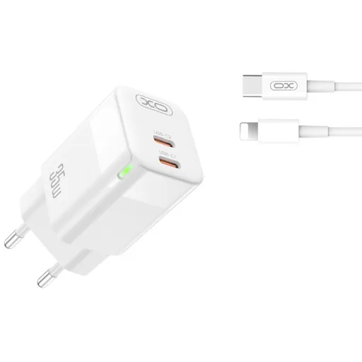 XO CE07 hálózati töltő adapter PD 35W 2xType C + Type C - Lightning kábel fehér