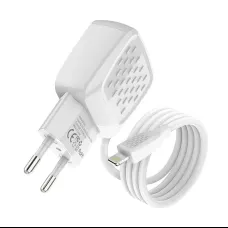 Foneng EU25 hálózati töltő adapter 2x USB-A 2.4A beépített Lightning kábellel (fehér)