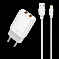 Jellico EU02 hálózati töltő adapter 2.4A 12W 2xUSB + Lightning kábel fehér