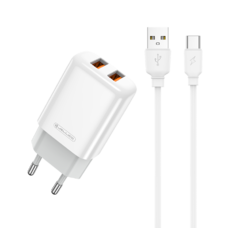 Jellico EU02 hálózati töltő adapter 2.4A 12W 2xUSB + Type C kábel fehér