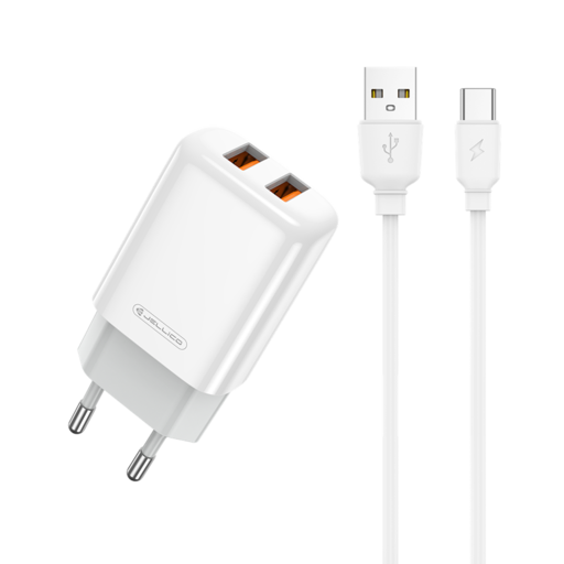 Jellico EU02 hálózati töltő adapter 2.4A 12W 2xUSB + Type C kábel fehér