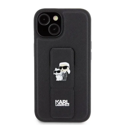 iPhone 15 Karl Lagerfeld Saffiano Grip Stand Metal Logo tok fekete (KLHCP15SGSAKCPK)