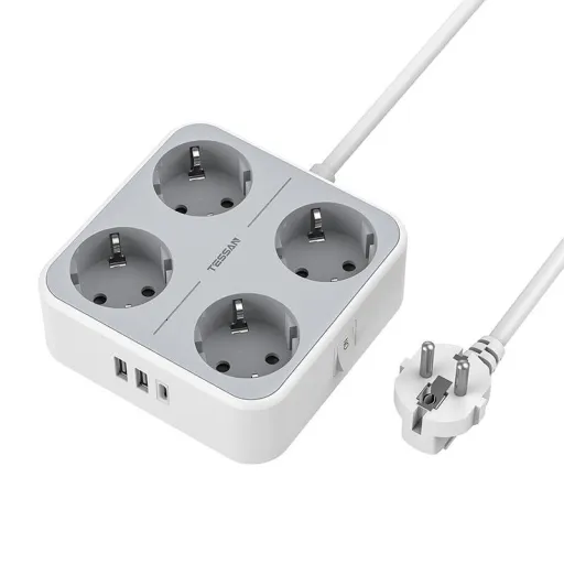 TESSAN TS-302-C-GR 4x hálózati elosztó + 2x USB-A, 1x USB-C töltő 2m