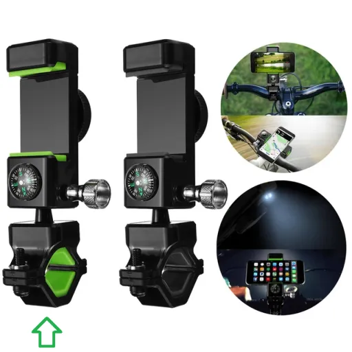 SMD XWJ-G univerzális biciklis, kerékpáros, motoros telefontartó LED világítással, iránytűvel, zöld-fekete