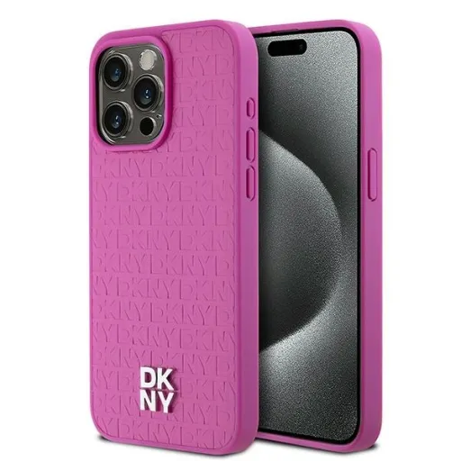 Eredeti DKNY keménytok bőr monogram mintával, fém logóval MagSafe kompatibilis DKHMP15XPSHRPSP iPhone 15 Pro Max rózsaszín tok