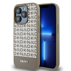 Eredeti DKNY hardcase bőr nyomott mintás fém logóval MagSafe DKHMP15XPSOSPW iPhone 15 Pro Max tok barna