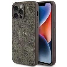 Eredeti GUESS kemény tok 4G Kollekció Bőr Fém Logó MagSafe GUHMP14LG4GFRW iPhone 14 Pro barna tok