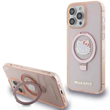 Original Case HELLO KITTY kemény tok gyűrűtartóval, csillámos, elektropolírozott logóval, MagSafe kompatibilis, HKHMP15XHRSGEP, iPhone 15 Pro Max, rózsaszín