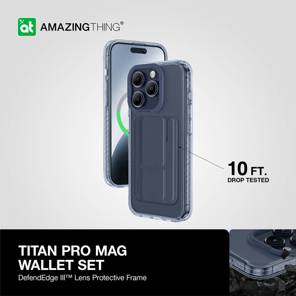 Amazing Thing Titan Pro Mag Wallet tok 10FT IP156.1PTWBU iPhone 15 Pro navy állvánnyal - 9