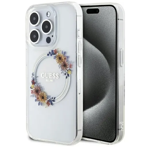 Eredeti GUESS IML Flowers Wreath Magsafe GUHMP15XHFWFCT tok az iPhone 15 Pro Max-hoz átlátszó