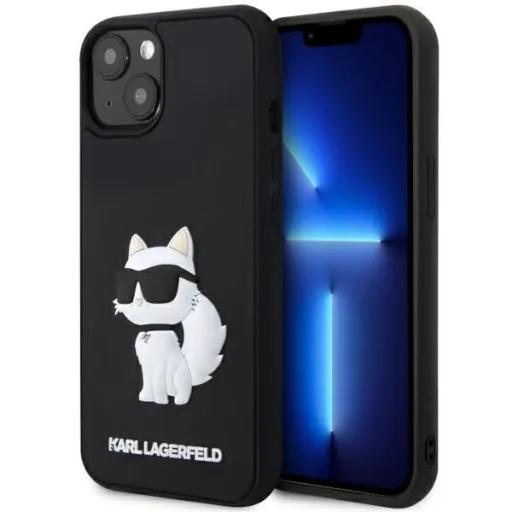 Original Pouch KARL LAGERFELD keménytok Rubber Choupette 3D KLHCP14S3DRKHNK iPhone 14-hez, fekete tok