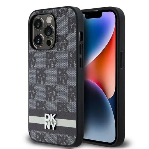 Eredeti DKNY keménytok bőr kockás és csíkos mintázattal (DKHCP14LPCPTSSK) iPhone 14 Pro fekete tok