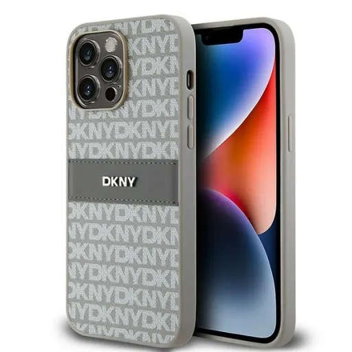 Original DKNY bőrtok mono csíkos fém logóval DKHCP14LPRTHSLE iPhone 14 Pro bézs