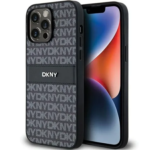 Eredeti DKNY kemény tok bőr Mono Stripe & fém logóval iPhone 14 Pro Max fekete