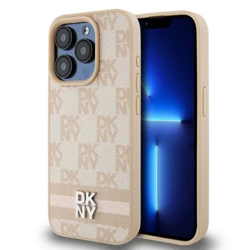 Eredeti DKNY bőrtok kockás mono mintával és nyomtatott csíkokkal iPhone 15 Pro Max rózsaszín tok Eredeti DKNY bőrtok kockás mono mintával és nyomtatott csíkokkal iPhone 15 Pro Max rózsaszín tok