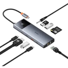 HUB 11in1 Baseus Metal Gleam Series USB-C to USB-C PD / USB-C / 3x USB-A / HDMI / AUX / RJ-45 / SD TF - szürke