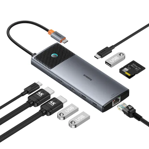 HUB 10in1 Baseus Metal Gleam II USB-C - HDMI 4K 120Hz / HDMI 4K 60Hz / USB-A 3.2 / 2x USB-A / USB-C 3.2 / RJ45 / SD, TF olvasó / USB-C - szürke