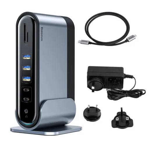 Baseus multifunkcionális HUB: 3x USB 3.2 Gen 1 / 2x USB 2.0 / 2x USB Type C / SD és micro SD kártyaolvasó / AUX / 3x HDMI / RJ45 1Gbps / Power Delivery 100W (EU / CN / UK dugók) szürke (CAHUB-DG0G)