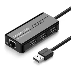 Ugreen 20264 RJ45 / USB-A 10/100Mbps HUB hálózati adapter 3x USB-A 2.0 - fekete