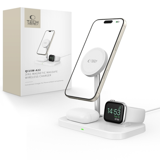 Tech-Protect QI15W-A22 indukčná MagSafe nabíjačka 3v1 s MagSafe stojanom pre smartfón / Apple Watch / AirPods - biela