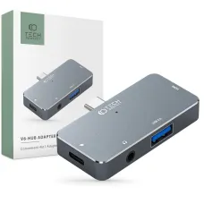 HUB Tech-Protect V6 4in1 USB-C - USB-A 3.0 / USB-C PD100W / HDMI / mini jack 3.5mm - szürke