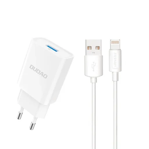 Dudao A4EU USB-A 2.1A hálózati töltő adapter - fehér + USB-A - Lightning kábel