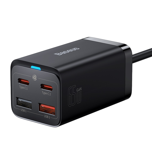 Baseus GaN3 Pro rýchlonabíjačka GaN 2 x USB Type C / 2 x USB 65W PD, QC4.0+, AFC, PPS + kábel USB Type C - USB Type C 1m čierna (CCGP040101)