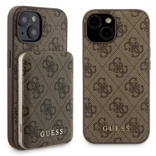 Guess 4G Fém Logós tok szett iPhone 15-höz + 5000mAh MagSafe powerbank - barna toka