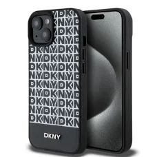 Eredeti DKNY bőrmintás mintás fém logós MagSafe kemény tok iPhone 15 fekete DKHMP15SPSOSPK