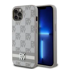 DKNY PU bőr Kockás és Csíkos minta tok iPhone 12/12 Pro Bézs