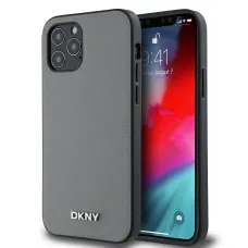 DKNY PU bőrből készült ezüst fém logós Magsafe tok iPhone 12/12 Pro szürke tok