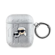 Karl Lagerfeld PU Dombornyomott Karl és Choupette Fejes AirPods 1/2 tok Ezüst