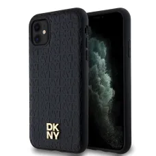 DKNY PU Bőr Ismétlődő Minta Logó Stacked MagSafe iPhone 11 tok fekete