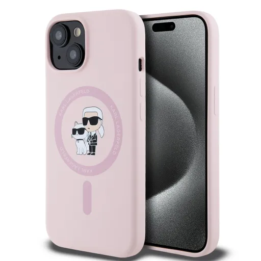 Karl Lagerfeld Liquid Silicone Karl and Choupette MagSafe tok iPhone 15 Pink