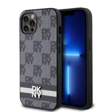 DKNY PU bőrből készült sakktábla mintás és csíkozott tok iPhone 12/12 Pro fekete