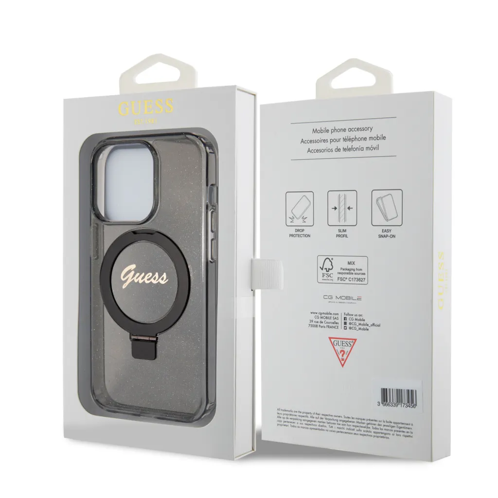 Guess IML Ring Stand Glitter MagSafe tok iPhone 15 Pro Max Black - 8