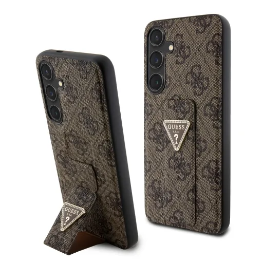 Guess PU Grip Stand 4G Strass Triangle Metal Logo tok Samsung Galaxy S24 Plus barna