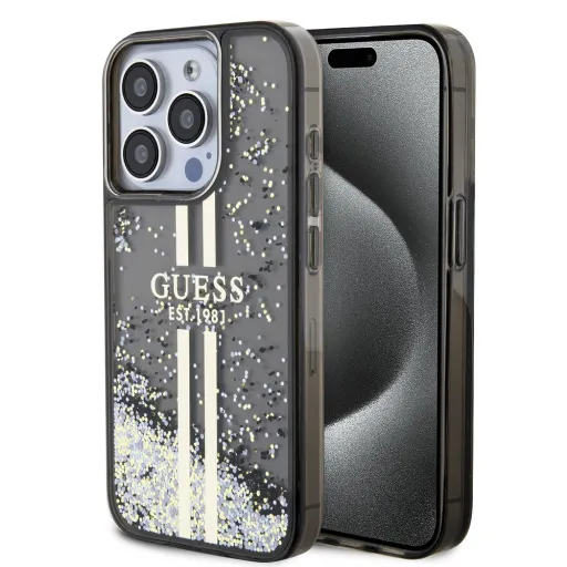 Guess PC/TPU Liquid Glitter Gold Stripe tok iPhone 15 Pro Max-hoz, fekete