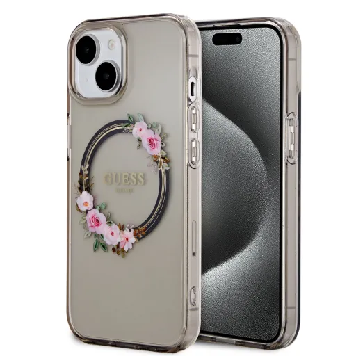 Guess PC/TPU Flowers Ring Glossy Logo MagSafe tok iPhone 15 fekete