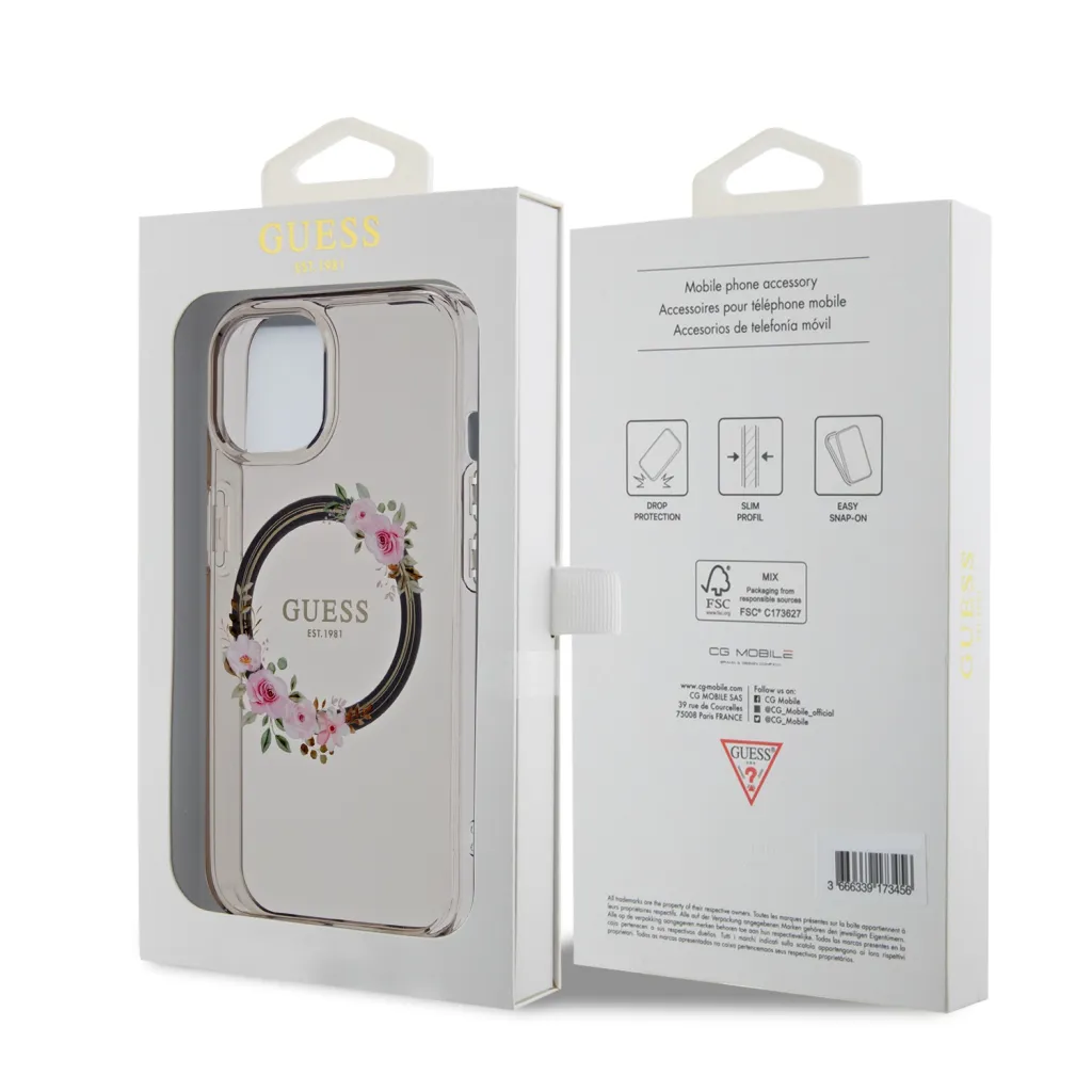 Guess PC/TPU Flowers Ring Glossy Logo MagSafe tok iPhone 15 fekete - 7