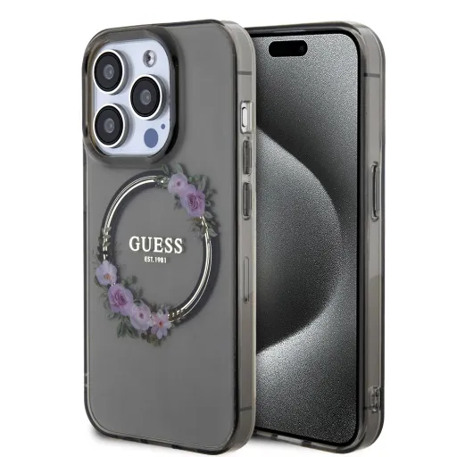 Guess PC/TPU Flowers Ring Glossy Logo MagSafe tok iPhone 15 Pro Max fekete Guess PC/TPU Flowers Ring Glossy Logo MagSafe tok iPhone 15 Pro Max fekete