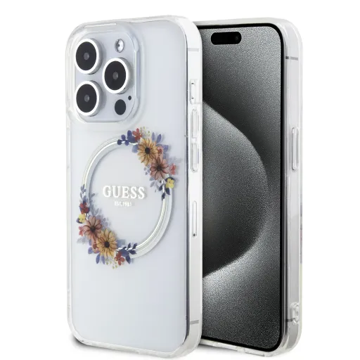 Guess PC/TPU Virágos Gyűrű Fényes Logó MagSafe tok iPhone 15 Pro Átlátszó