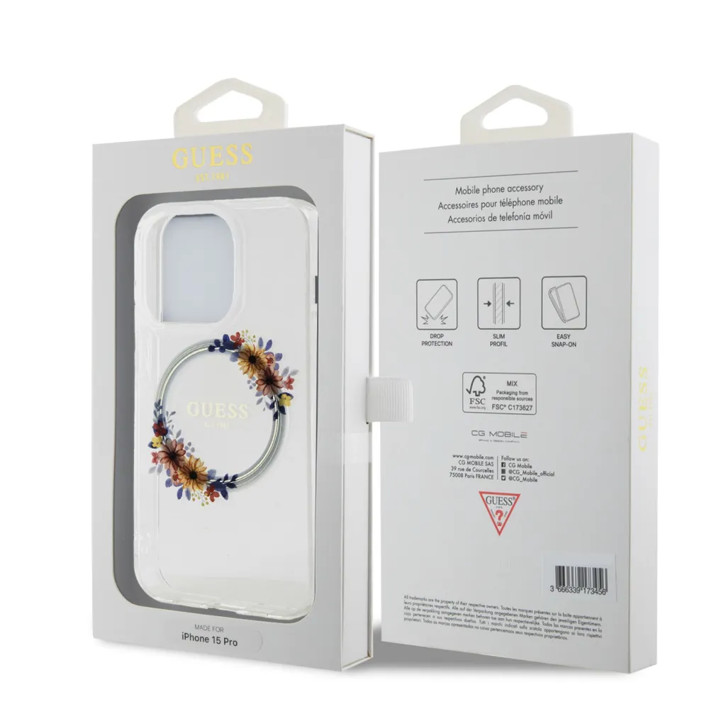 Guess PC/TPU Virágos Gyűrű Fényes Logó MagSafe tok iPhone 15 Pro Átlátszó - 7