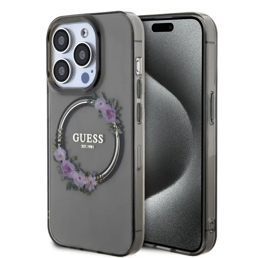 Guess PC/TPU Flowers Ring Glossy Logo MagSafe Case for iPhone 13 Pro fekete