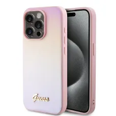 Guess PU bőr Iridescent Metal Script tok iPhone 15 Pro Pink