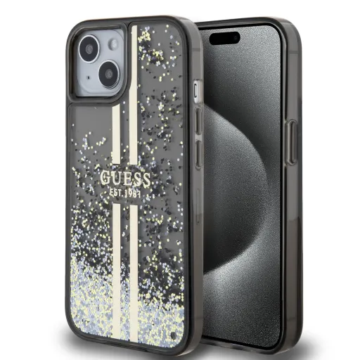 Guess PC/TPU Liquid Glitter Gold Stripe tok iPhone 15 Fekete