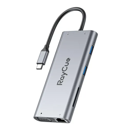 Hub 11 az 1-ben RayCue USB-C - 2x USB-A 2.0 480 Mbps + 3x USB-A 3.2 5 Gbps + SD/TF 3.0 + HDMI 4K30Hz + VGA 1080p + RJ45 + PD 3.0 100W (szürke)