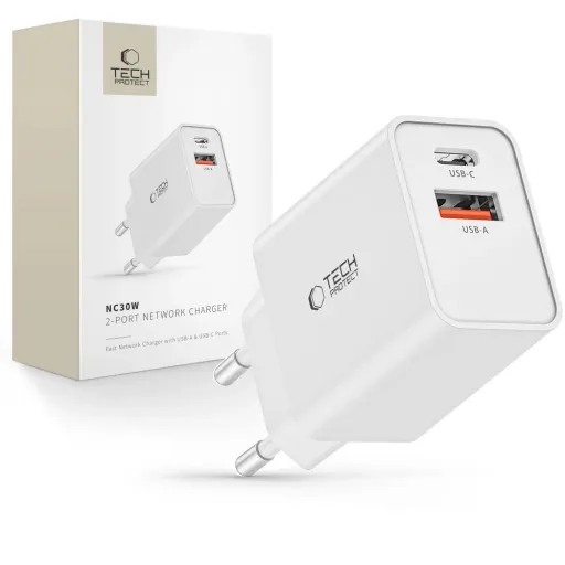 Tech-Protect NC30W USB-C PD 30W / USB-A QC 3.0 hálózati töltő - fehér