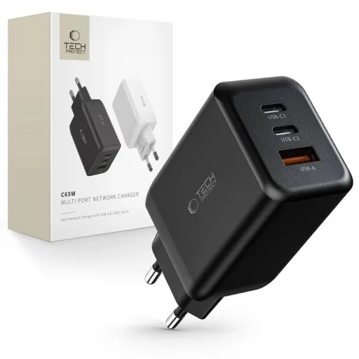 Tech-Protect C65W hálózati töltő 2x USB-C PD 65W / USB-A QC 3.0 - fekete