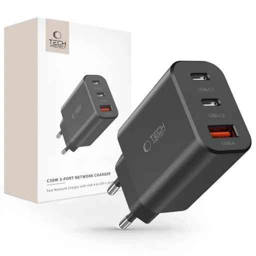 Tech-Protect NC30W hálózati töltő 2x USB-C PD 30W / USB-A QC 3.0 - fekete